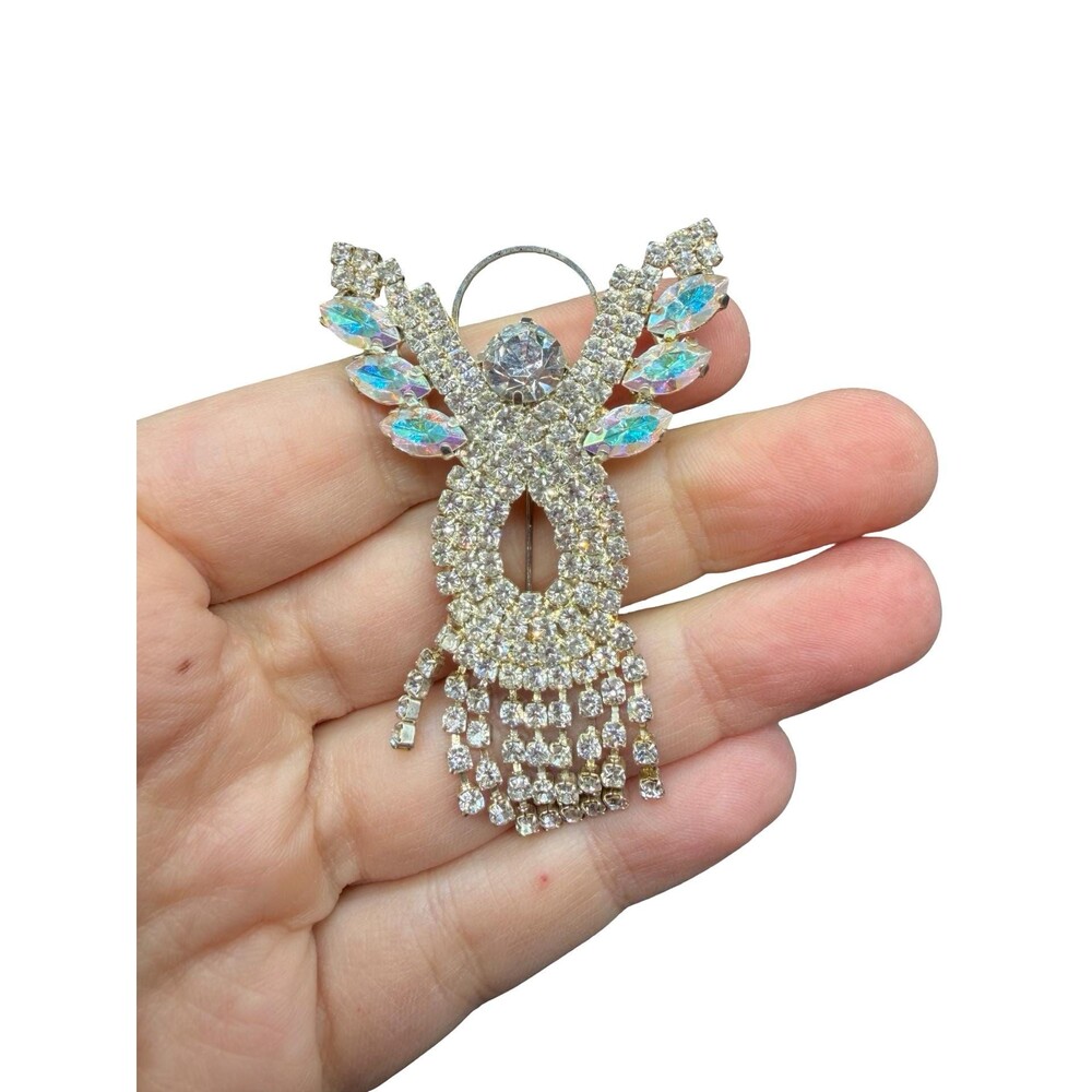 Vintage Angel Rhinestone Dangle Aura Borealis Articulated Christmas Brooch Pin